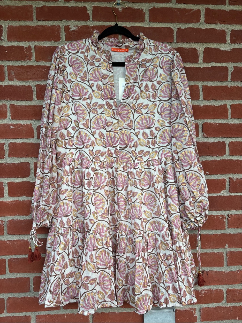 Oliphant Cream Dress with Pink & Gold Floral and tassel tie sleeves